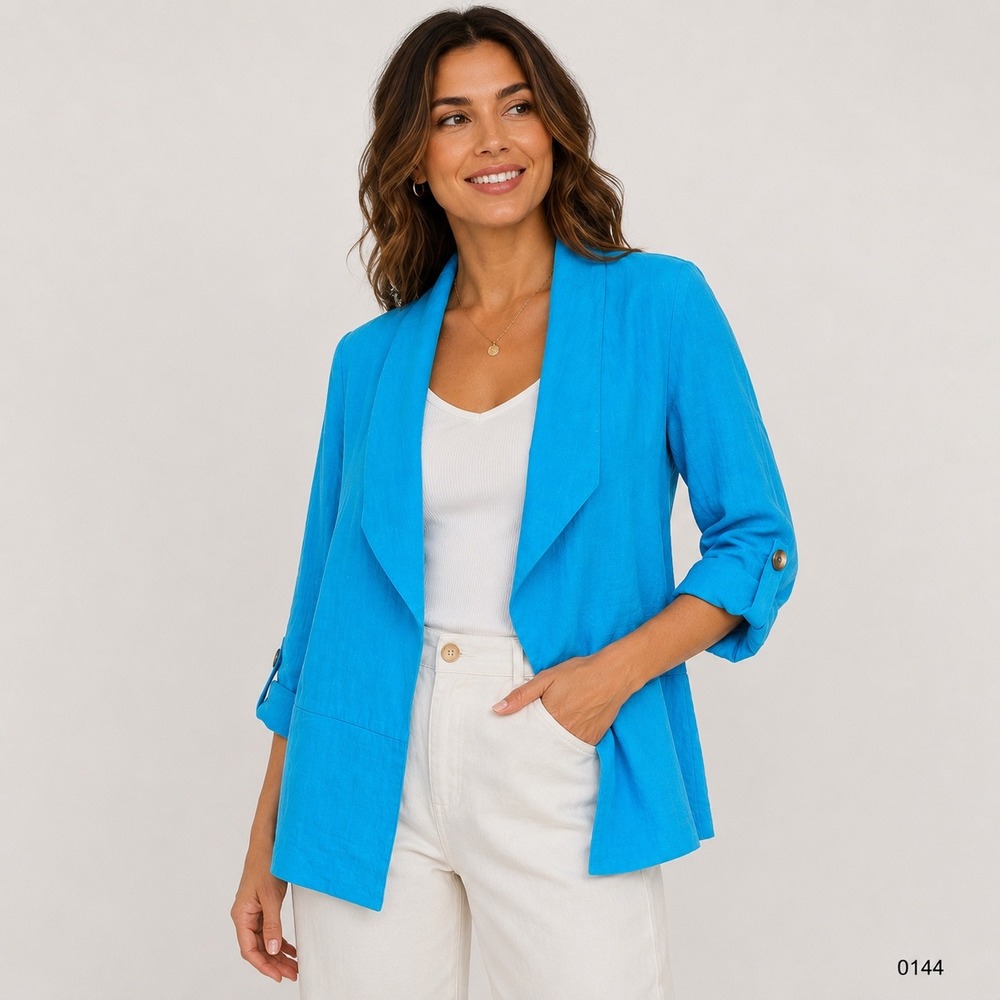 Chico's Womens Turquoise Blue Roll Tab Sleeve Open Front Blazer Jacket Size 0